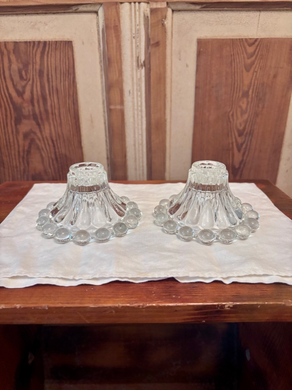 Clear Glass Beaded Candle Holders - Pair